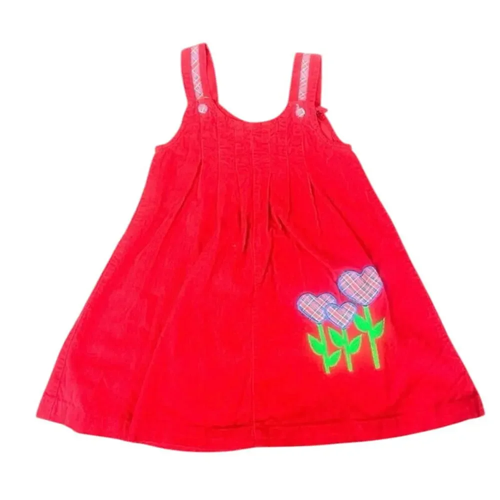 Girls Size 5 Red Corduroy Jumper Dress Heart Flower Plaid Embroidered Cute EUC